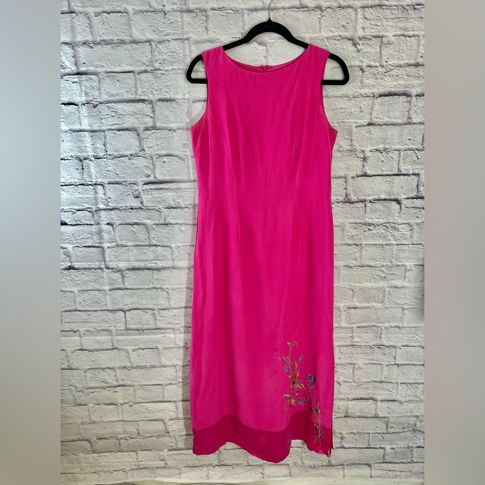 Vintage Crossing Pointe 100% Silk Pink Sleeveless Midi Dress‎ Floral Embroidery